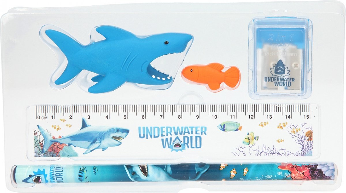 Dino World schrijfset Underwater junior 15 cm 6 delig - Blauw