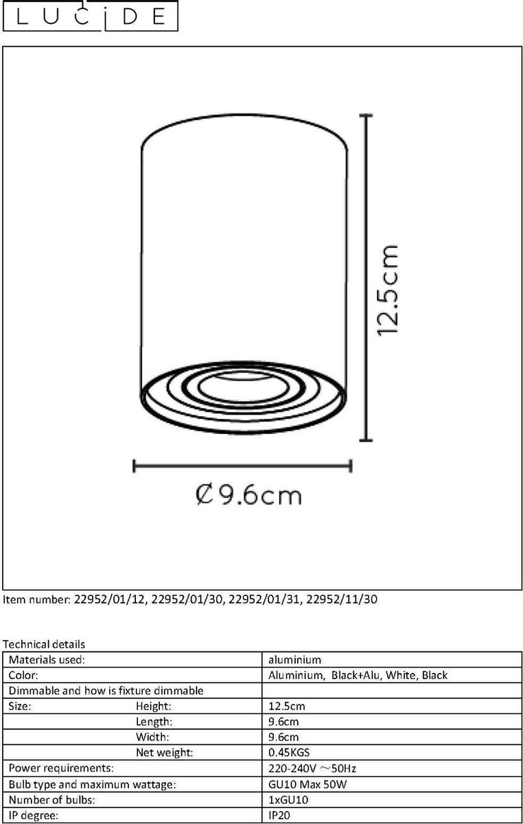 Lucide Tube Spot Opbouw Gu10 Rond D9.6 H12.5cm - Zwart