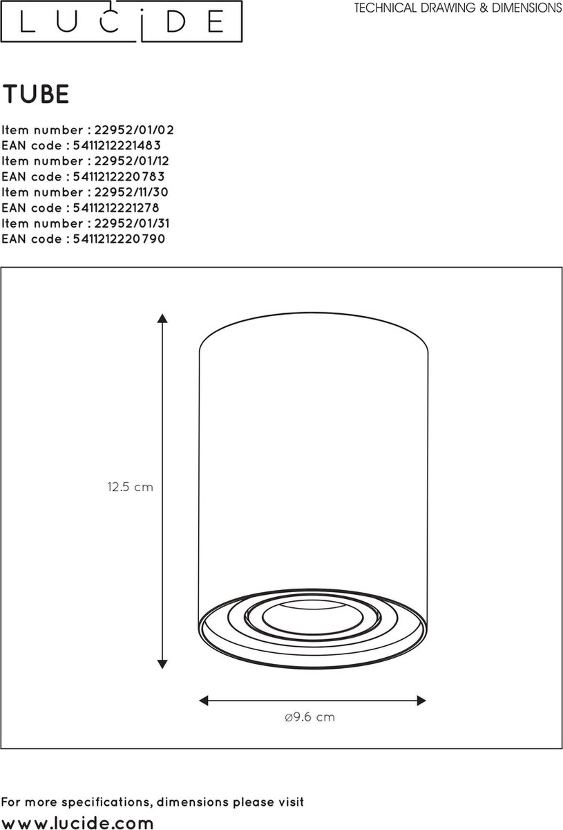 Lucide Tube Spot Opbouw Gu10 Rond D9.6 H12.5cm - Zwart