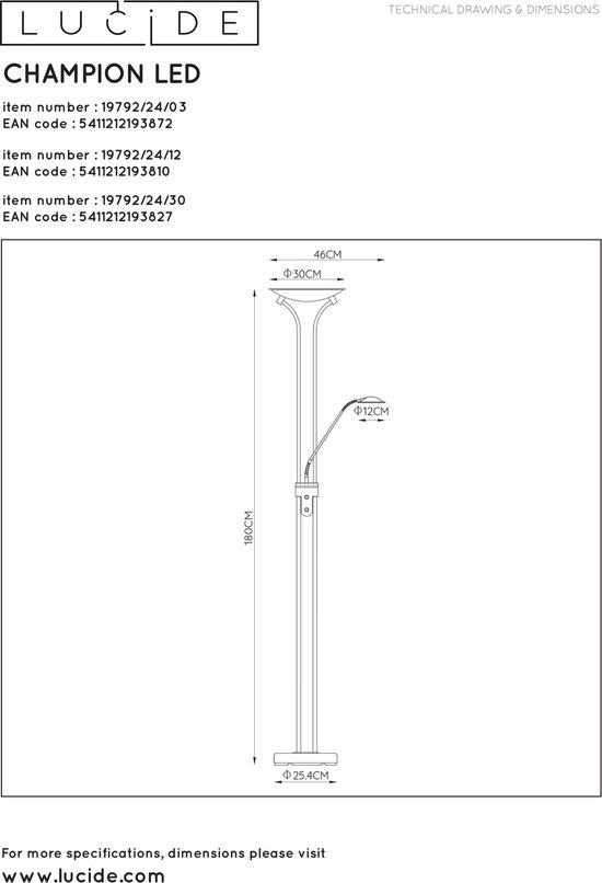 Lucide Champion-led Vloerlamp 20w +4w H180cm 1600+320lm - Zwart