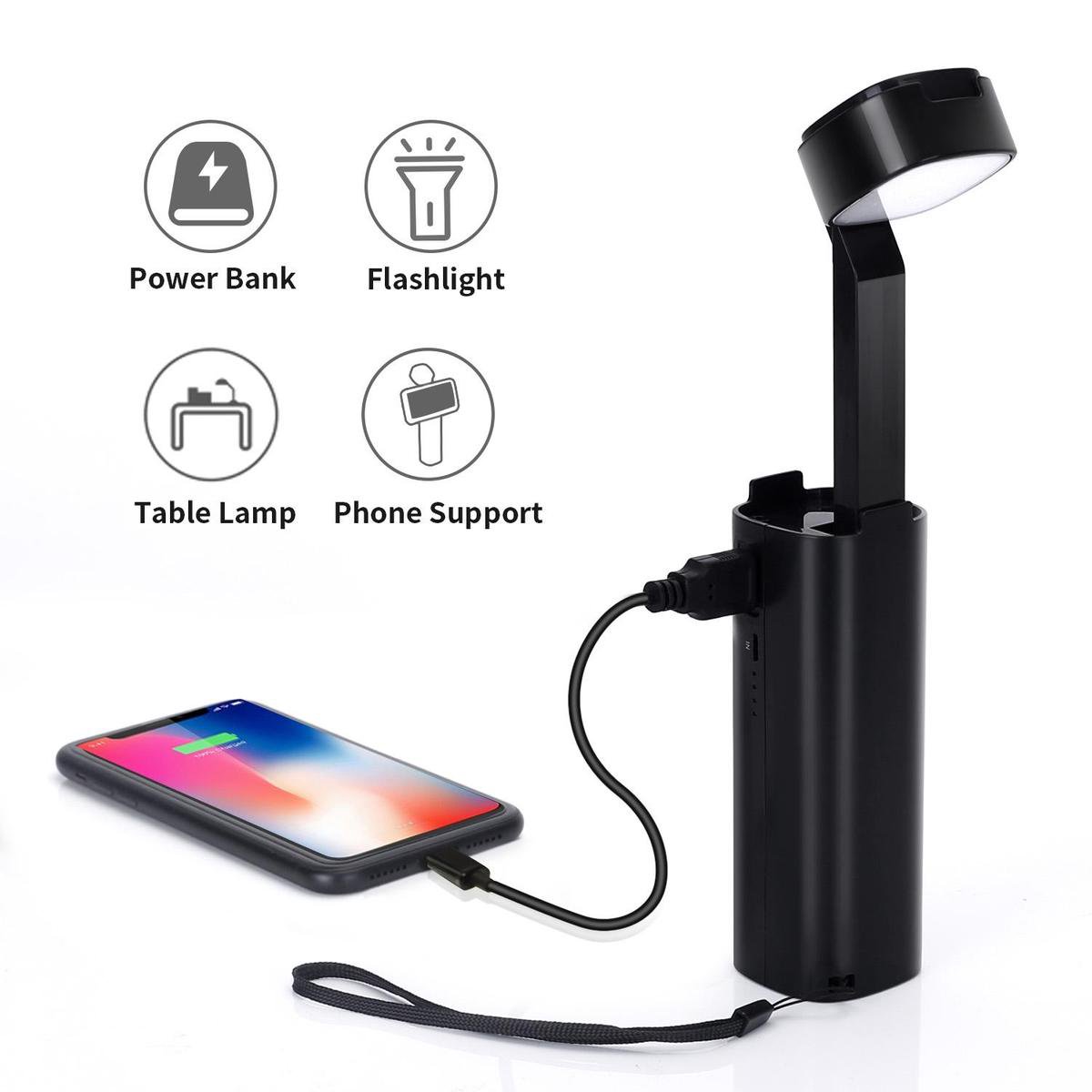 Aigostar Ebony - Multifunctionele Led Lamp 3-in1 - Zaklamp, Powerbank, Telefoonhouder - - Zwart