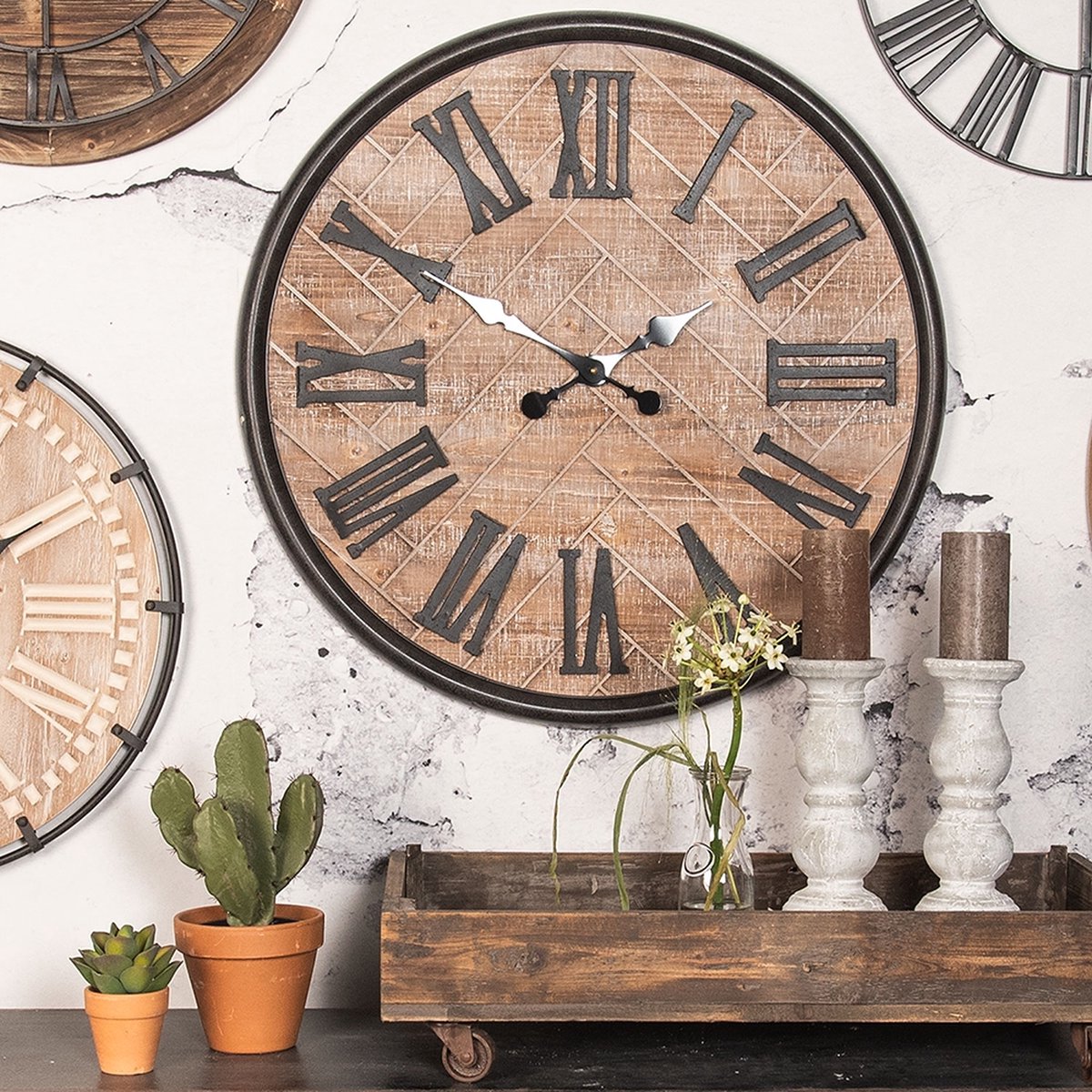 Clayre & Eef Klok Ø 76*5 Cm / 1*aa Chocola Mdf / Metaal Rond Ruitjes 5kl0125 - Bruin