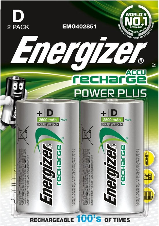 Energizer Herlaadbare Batterijen Power Plus D, Blister Van 2 Stuks