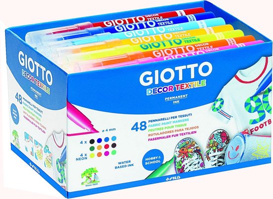 Giotto Decor Textile Textielstiften, Schoolpack Met 48 Stuks In Geassorteerde Kleuren