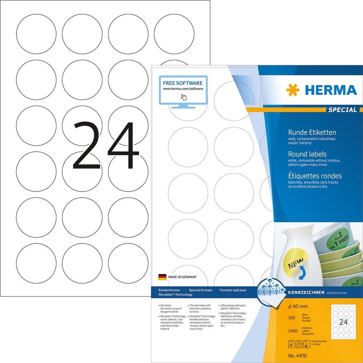Herma Movables Etiketten Rond 40 100 Vel Din A4 2400 Stuks 4476 - Wit