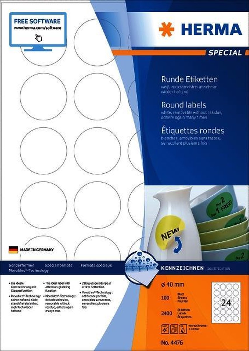 Herma Movables Etiketten Rond 40 100 Vel Din A4 2400 Stuks 4476 - Wit