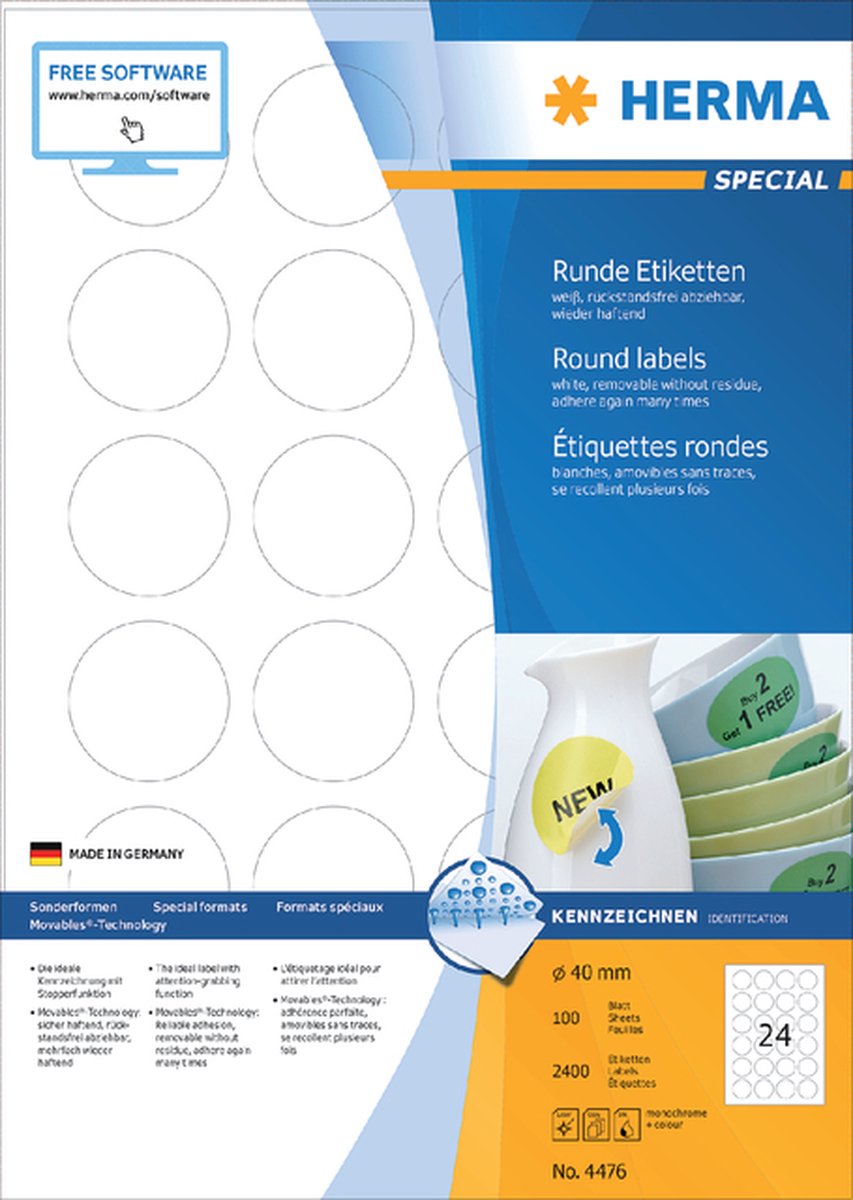 Herma Movables Etiketten Rond 40 100 Vel Din A4 2400 Stuks 4476 - Wit
