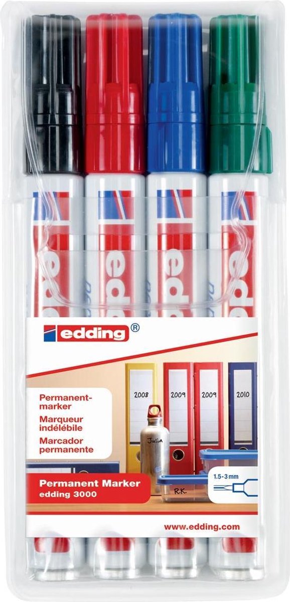 Edding Permanent Marker 3000, Etui Van 4 Stuks In Geassorteerde Kleuren