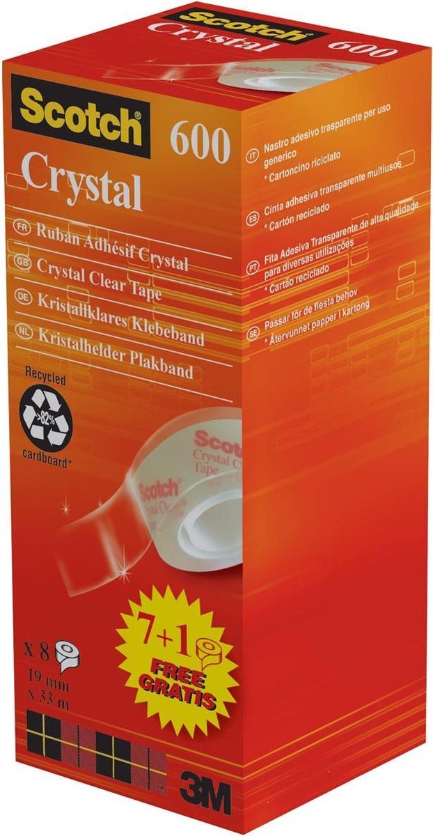 Scotch Plakband Crysal Tape, Ft 19 Mm X 33m, 1 X Value Pack Met 8 Rollen Waarvan 1 Gratis