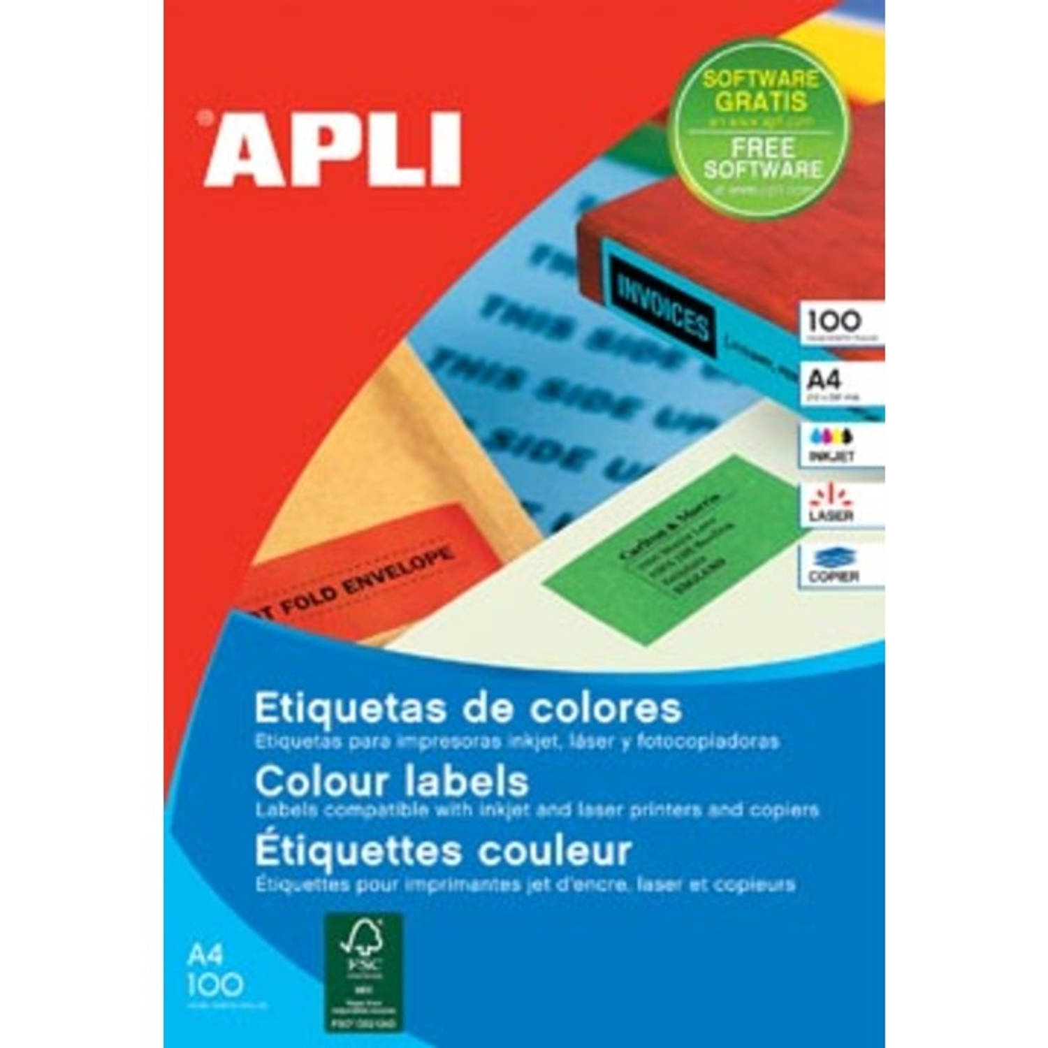 Apli Gekleurde Etiketten Ft 105 X 37 Mm (B X H),, 1.600 Stuks, 16 Per Blad, Doos Van 100 Blad - Geel