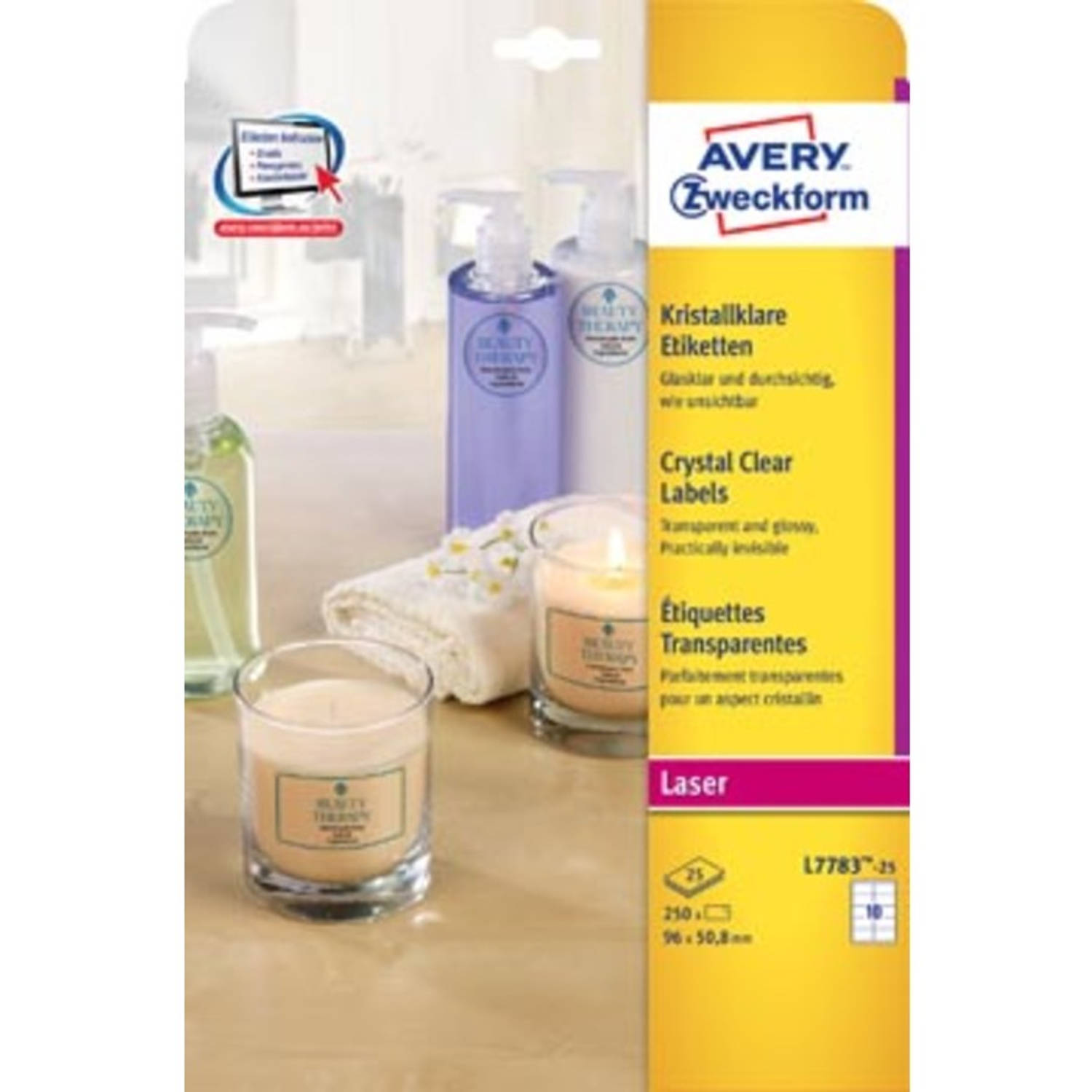 Avery Transparante Crystal Clear Etiketten Ft 96 X 50,8 Mm, 250 Etiketten, 10 Per Blad