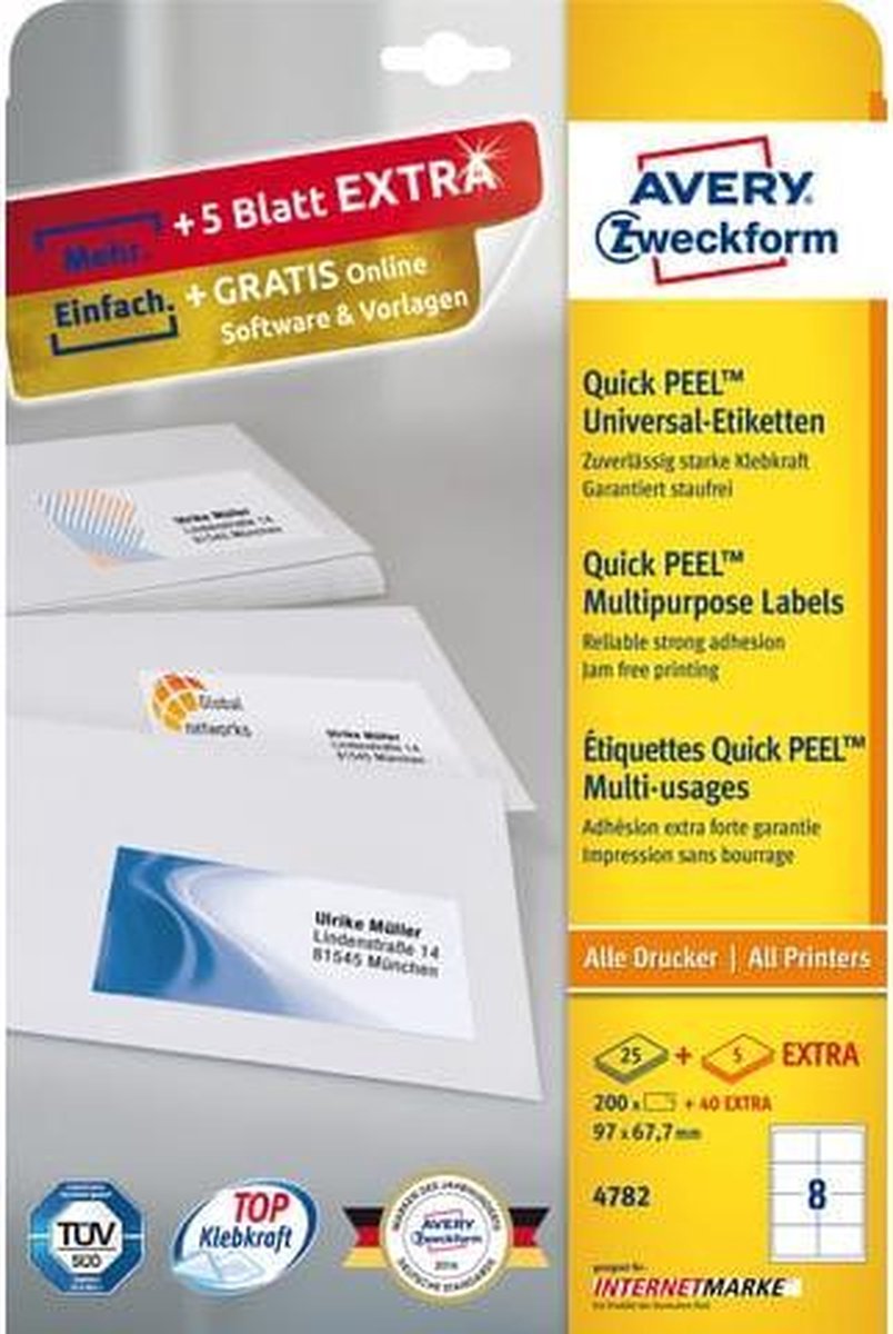 Averyte Universele Etiketten Quickpeel Ft 97 X 67,7 Mm, 240 Stuks (200 + 40 Extra) - Wit