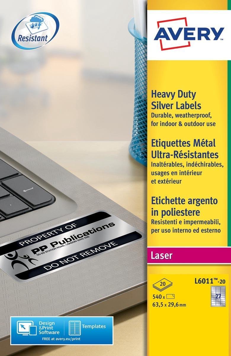 Avery L6011-20 Ultra-sterke Etiketten Ft 63,5 X 29,6 Mm (B X H),540 Etiketten, Zilver - Silver