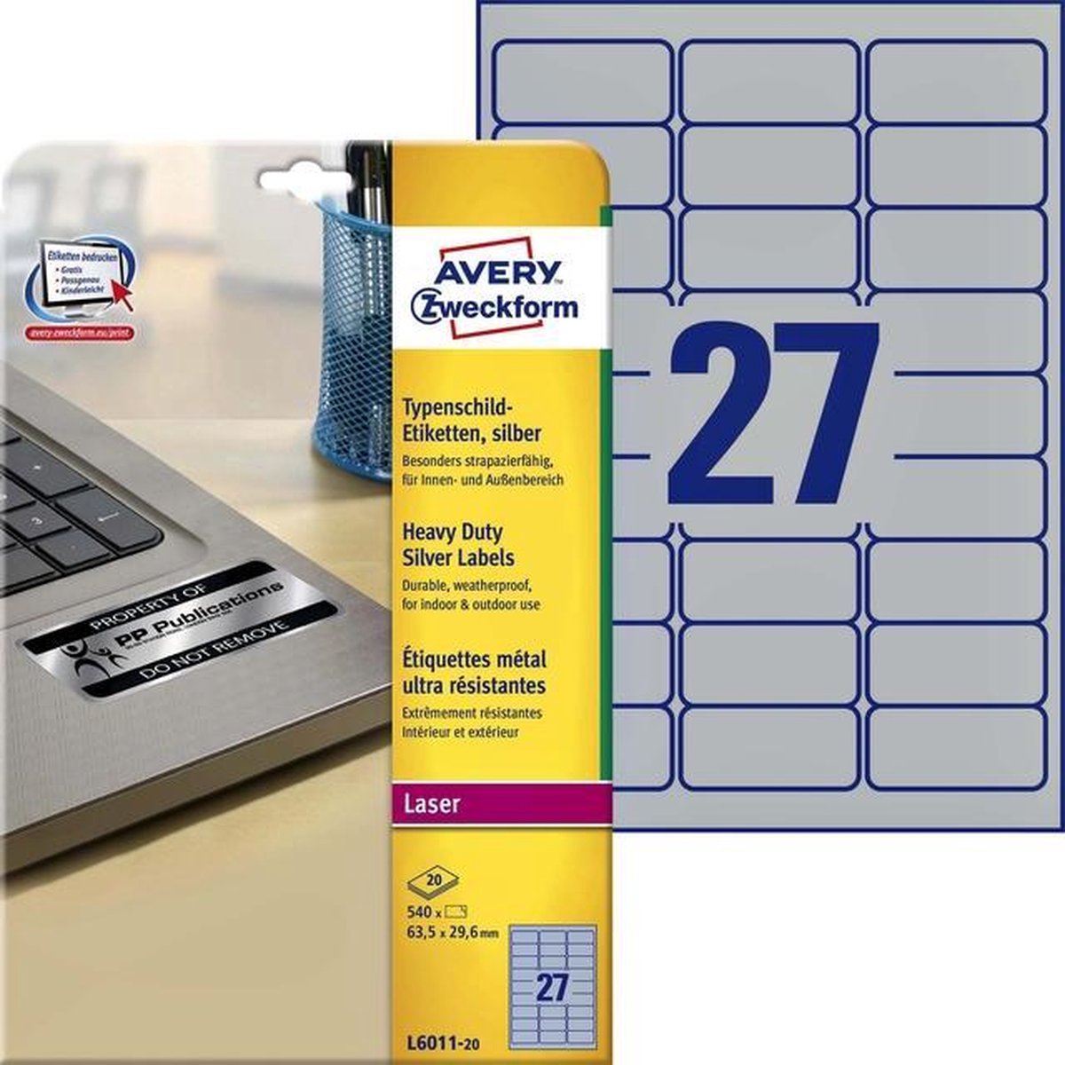 Avery L6011-20 Ultra-sterke Etiketten Ft 63,5 X 29,6 Mm (B X H),540 Etiketten, Zilver - Silver