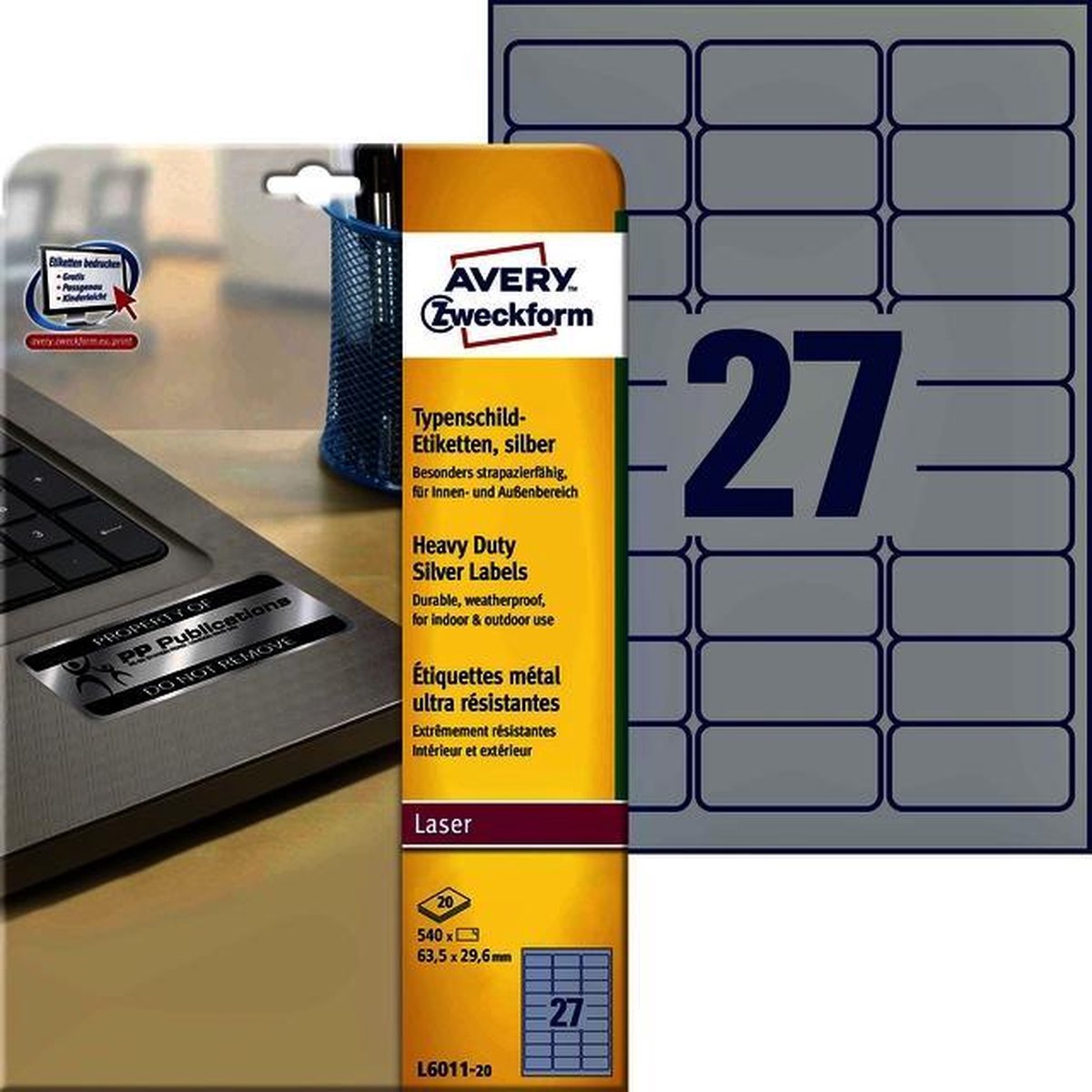 Avery L6011-20 Ultra-sterke Etiketten Ft 63,5 X 29,6 Mm (B X H),540 Etiketten, Zilver - Silver