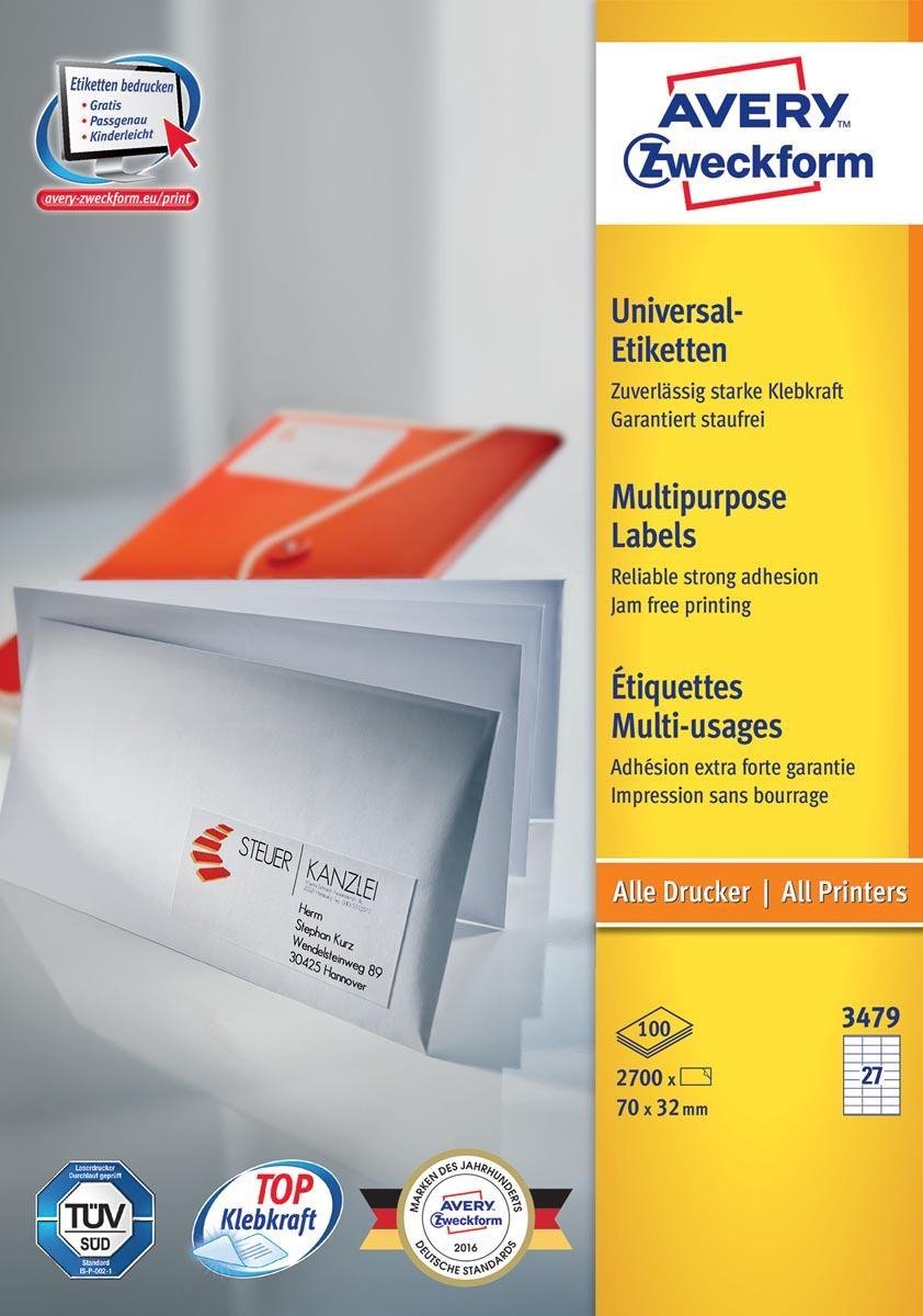 Avery te Etiketten Quickpeel Ft 70 X 32 Mm (B X H),2.700 Stuks, 27 Per Blad, Doos Van 100 Blad - Wit