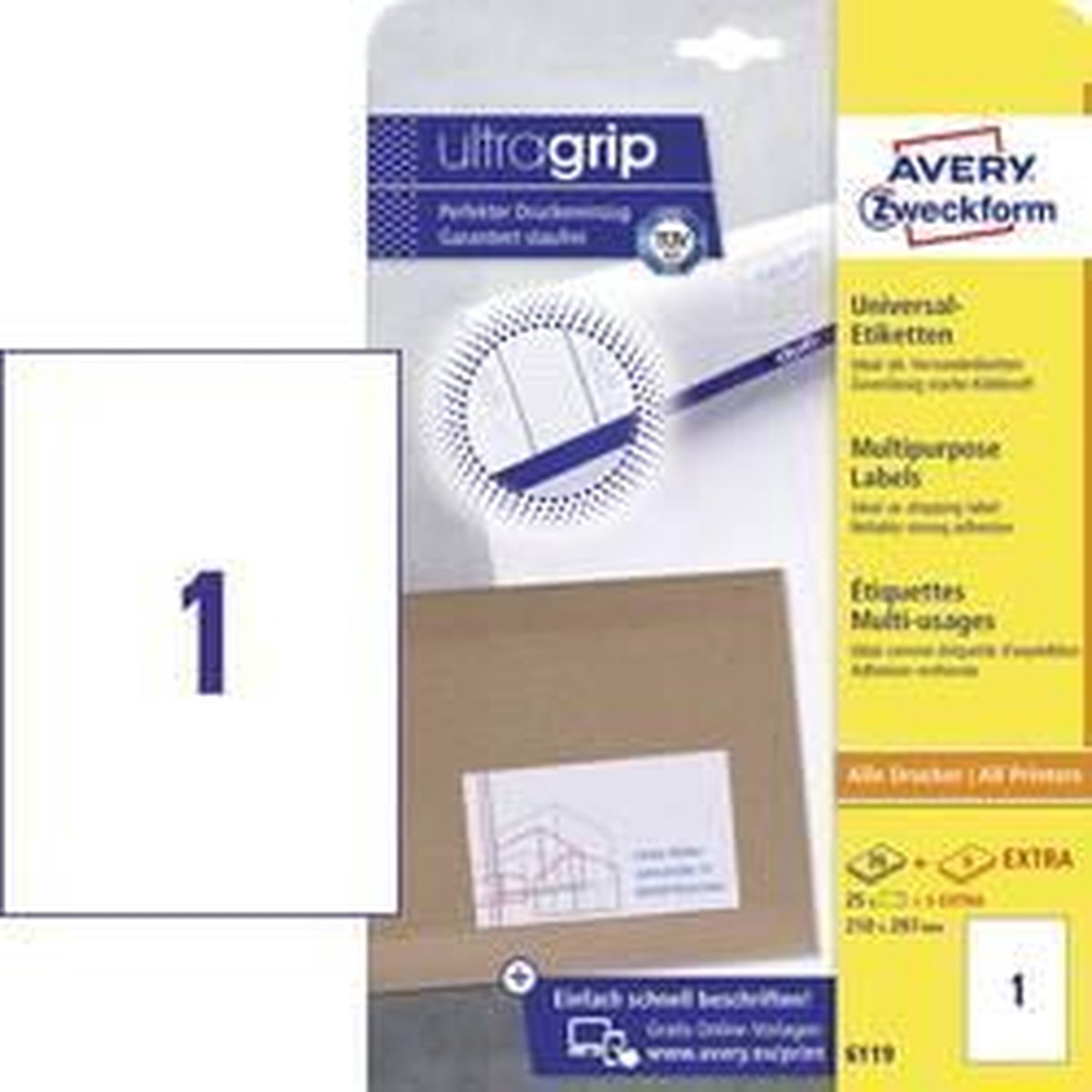 Avery Zweckform 6119 Universele Etiketten Ft 210 X 297 Mm (B X H),25 Etiketten, - Wit