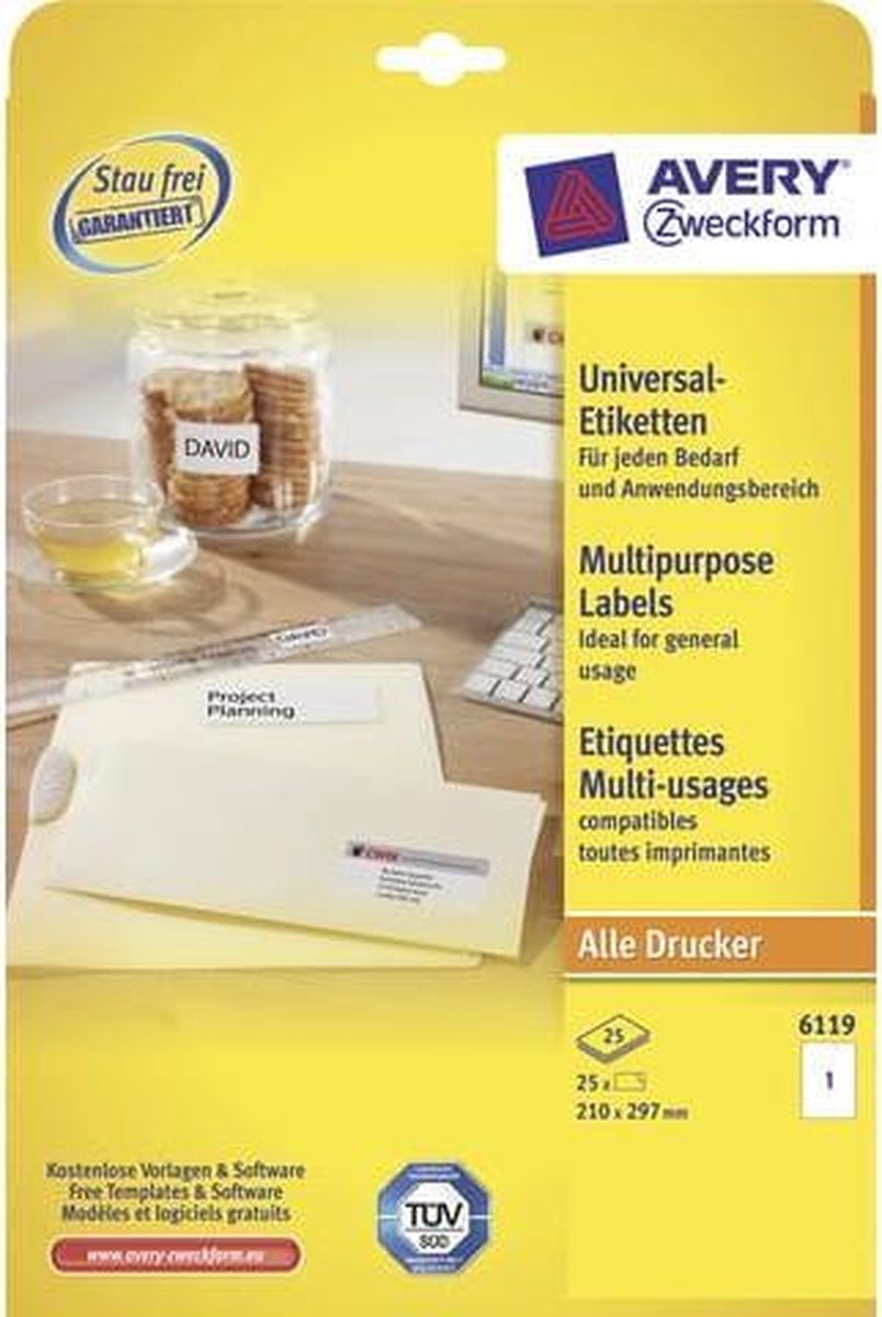 Avery Zweckform 6119 Universele Etiketten Ft 210 X 297 Mm (B X H),25 Etiketten, - Wit