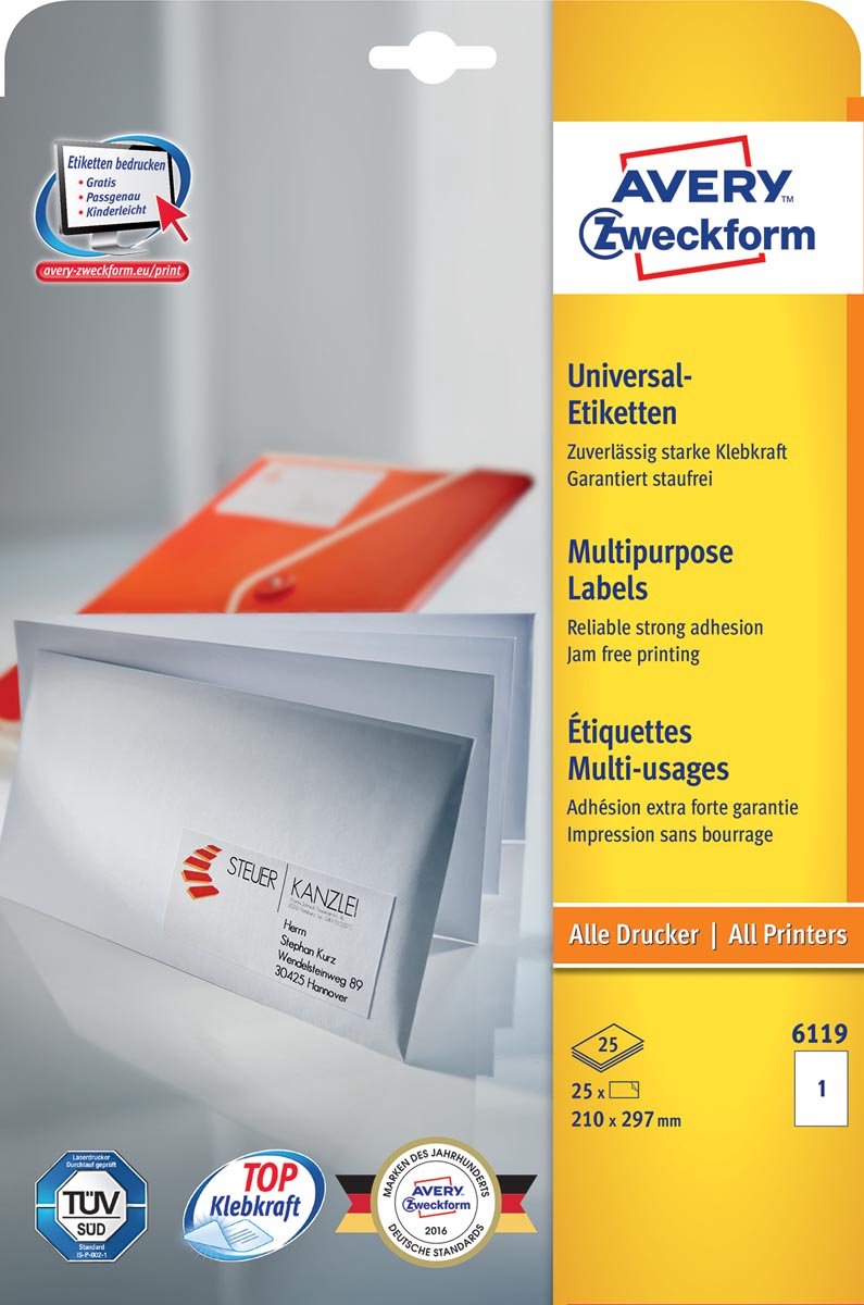 Avery Zweckform 6119 Universele Etiketten Ft 210 X 297 Mm (B X H),25 Etiketten, - Wit