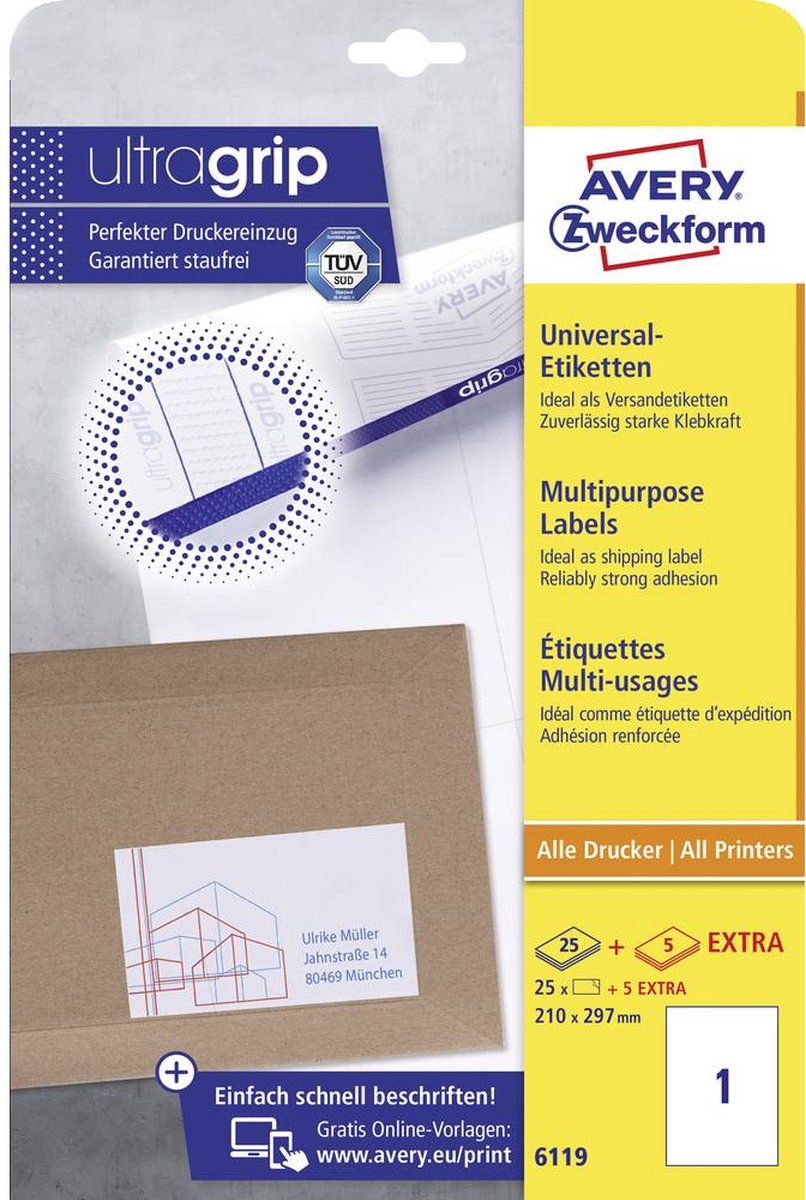 Avery Zweckform 6119 Universele Etiketten Ft 210 X 297 Mm (B X H),25 Etiketten, - Wit