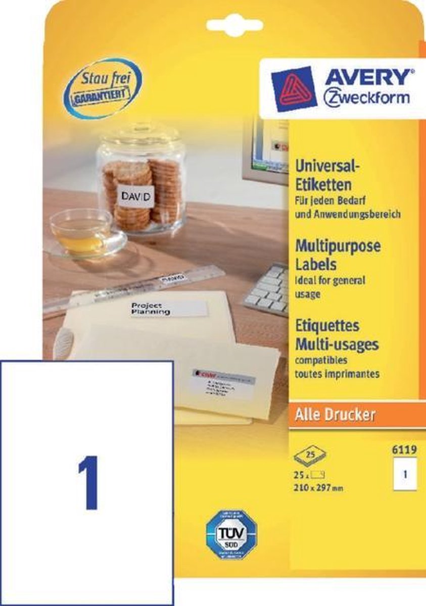 Avery Zweckform 6119 Universele Etiketten Ft 210 X 297 Mm (B X H),25 Etiketten, - Wit