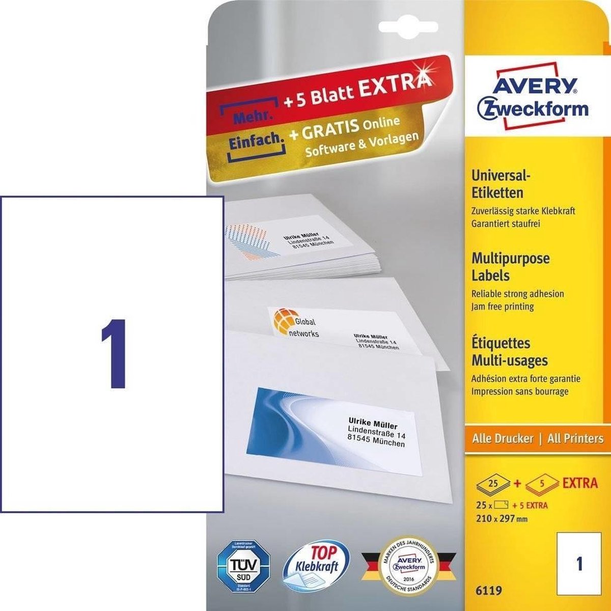 Avery Zweckform 6119 Universele Etiketten Ft 210 X 297 Mm (B X H),25 Etiketten, - Wit
