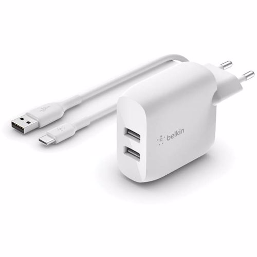 Belkin dual USB-A wandlader met USB-A/USB-C kabel - Wit