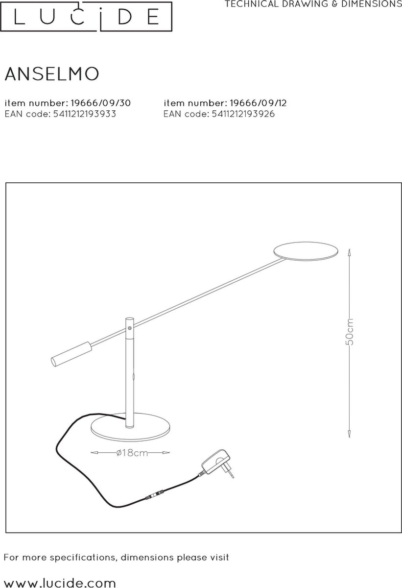 Lucide Anselmo Bureaulamp-mat Ch.-ø25-led Dimb.-9w-3000k - Grijs