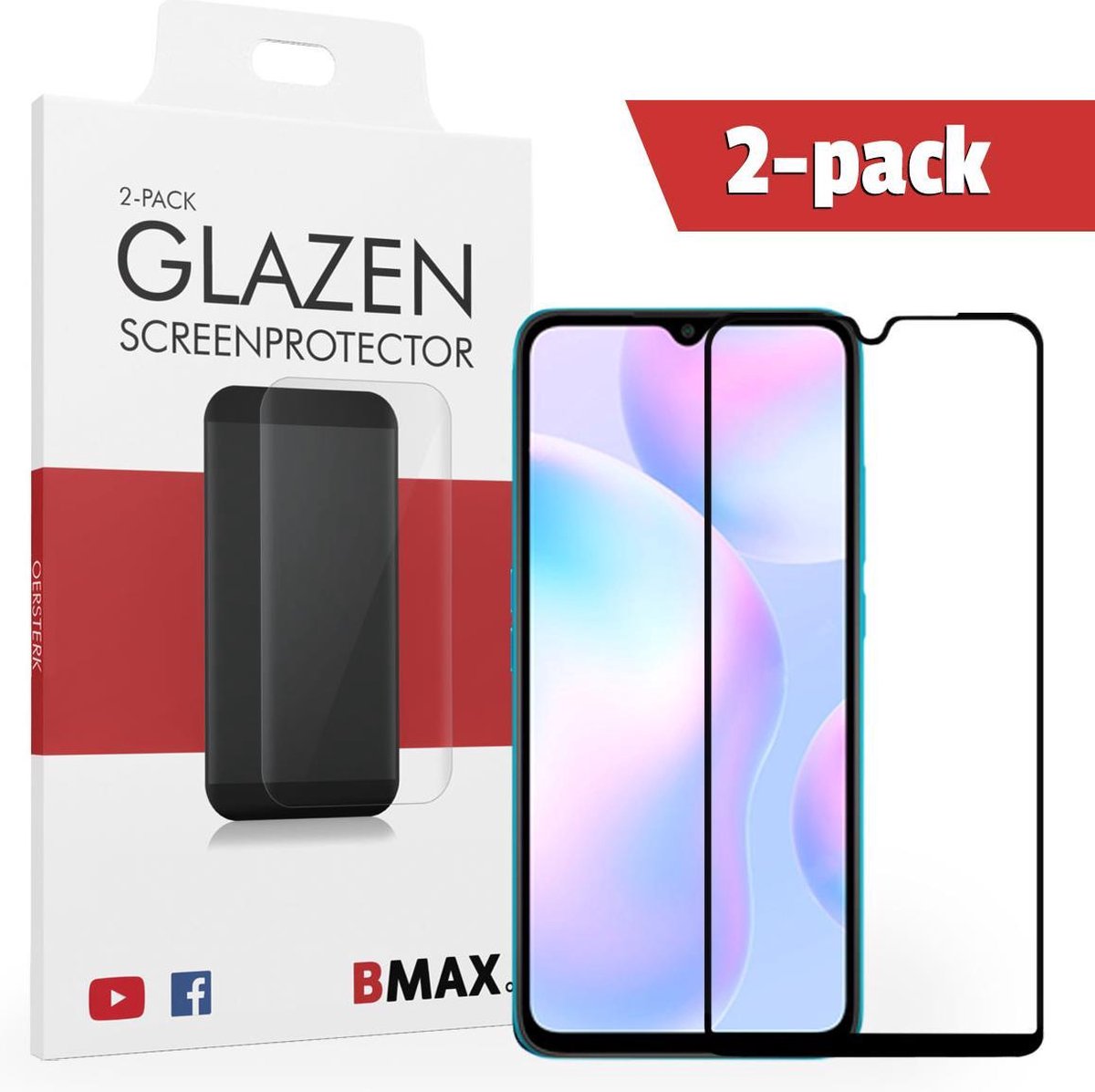2-pack Bmax Xiaomi Redmi 9a Screenprotector - Glass - Full Cover 2.5d - Black/zwart