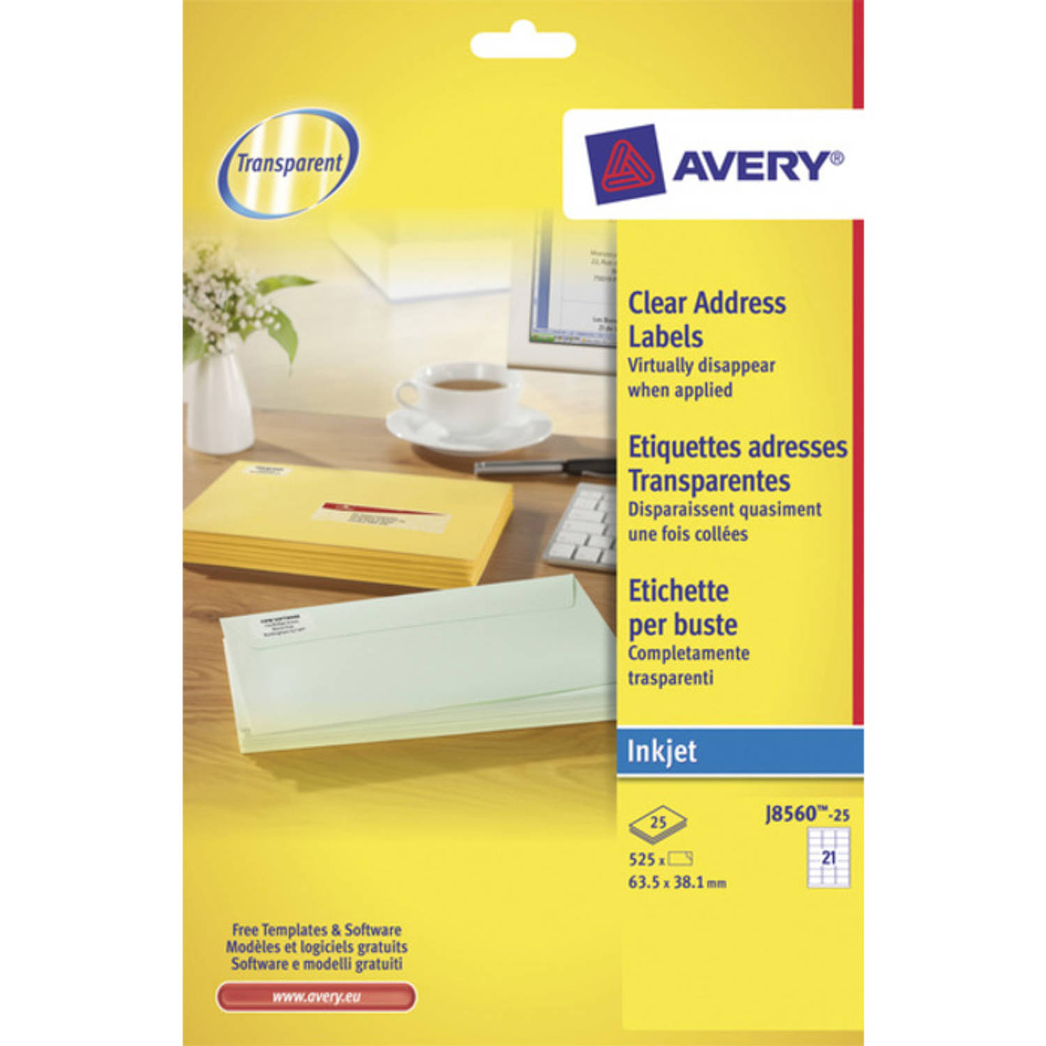 Avery Adresetiket 63,5x38,1mm Transparant 25 Vel 21 Etiketten Per Vel