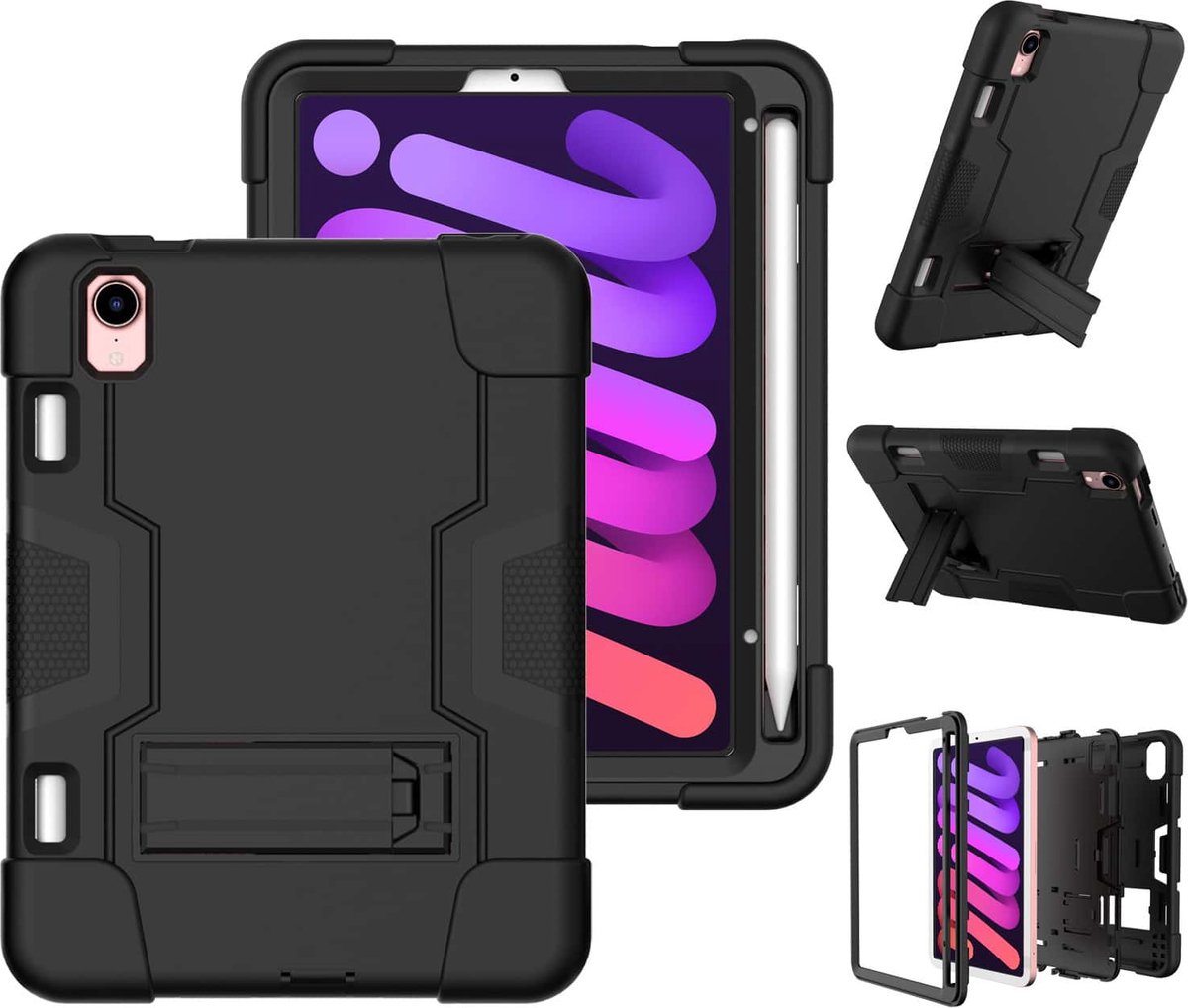 Fonu iPad Mini 6 hoes Shockproof Standcase - 8.3 inch - Zwart