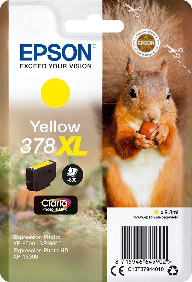 Epson Squirrel Singlepack Yellow 378XL Claria Photo HD Ink - Geel