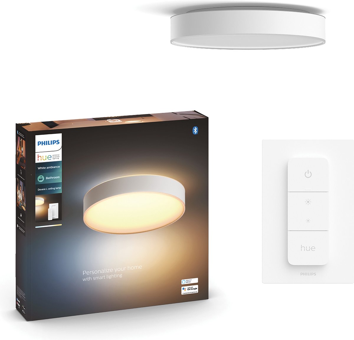 Philips Devere L White Ambiance badkamerplafondlamp + dimmer - Wit