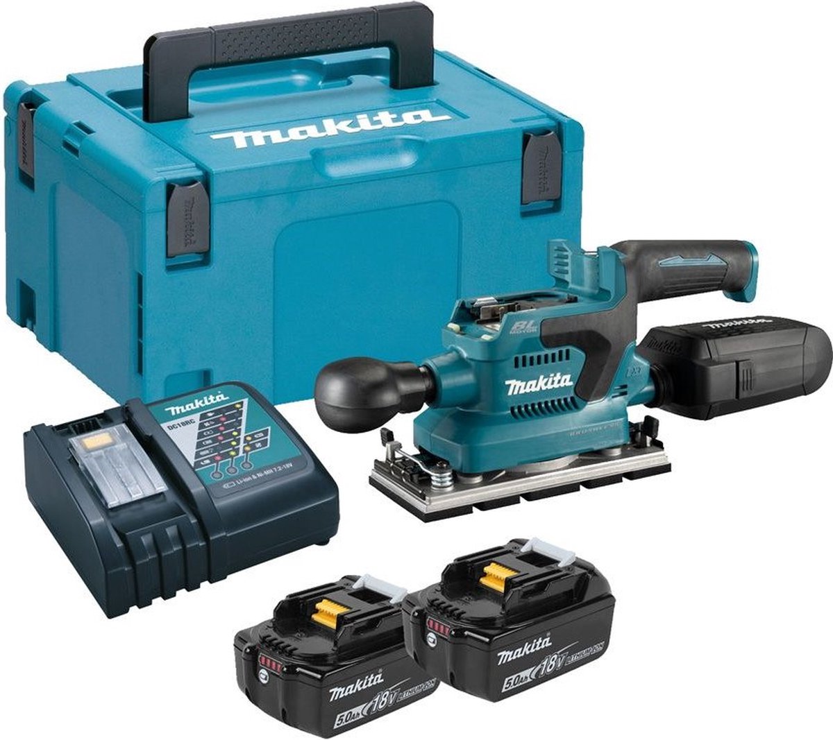 Makita DBO380RTJ | Accu Vlakschuurmachine | 18V | Li-Ion | 2 x 5,0 Ah accu + snellader | In Mbox