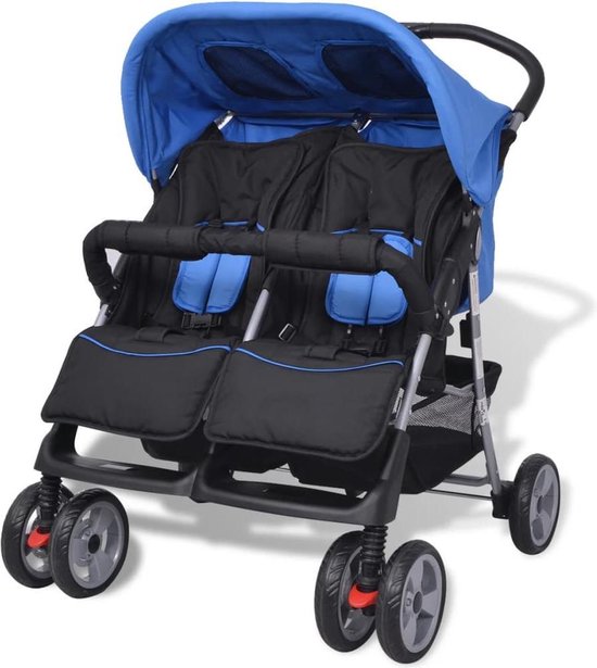 Vidaxl Tweelingkinderwagen Staal Blauw En - Negro