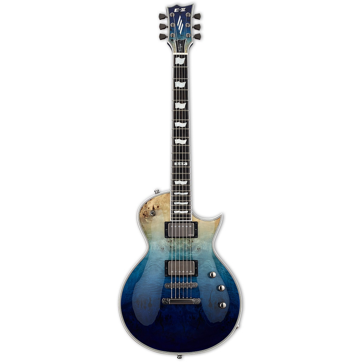 ESP guitars E-II Eclipse Blue Natural Fade Buckeye Burl met koffer