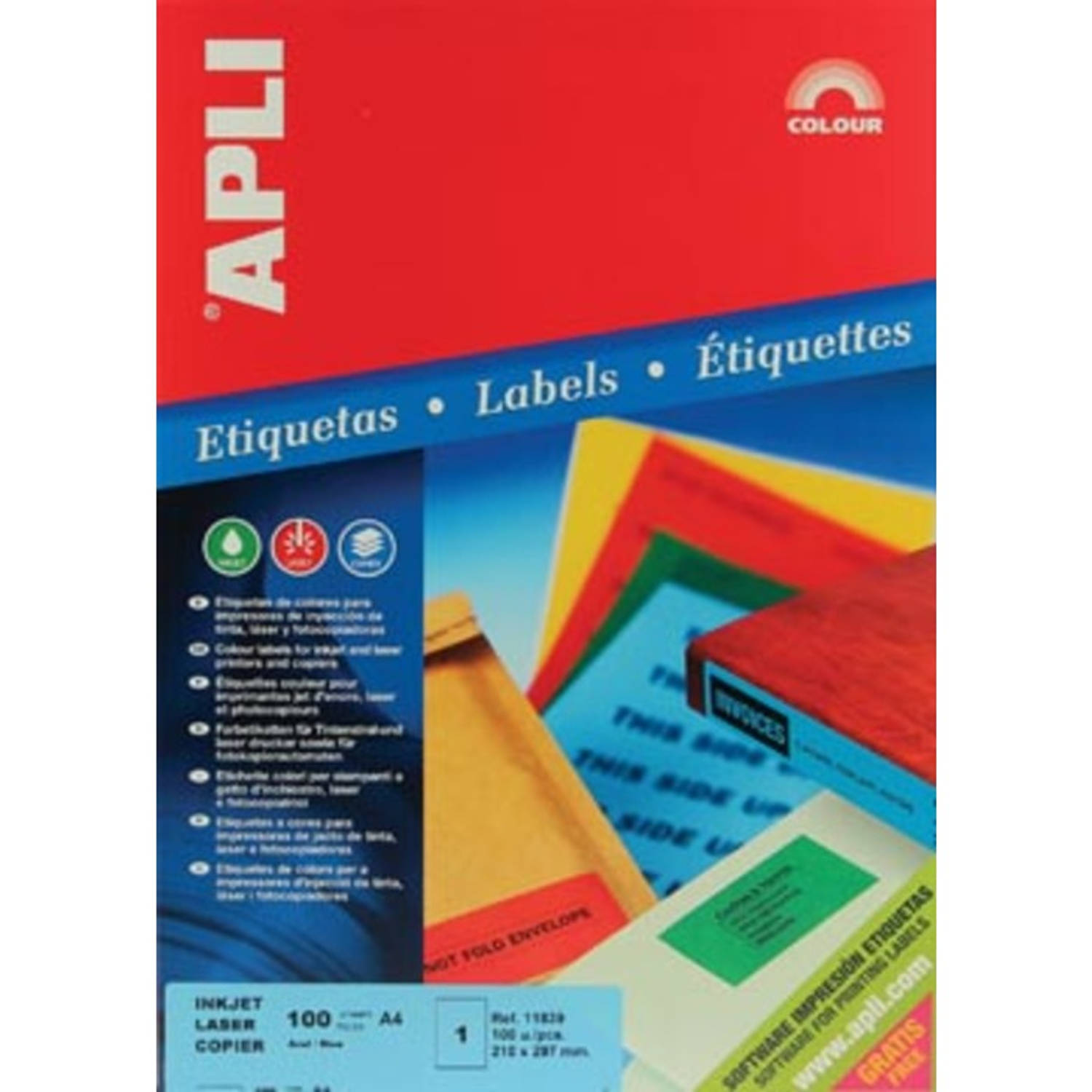 Apli Gekleurde Etiketten Ft 210 X 297 Mm (B X H),, 100 Stuks, 1 Per Blad - Blauw