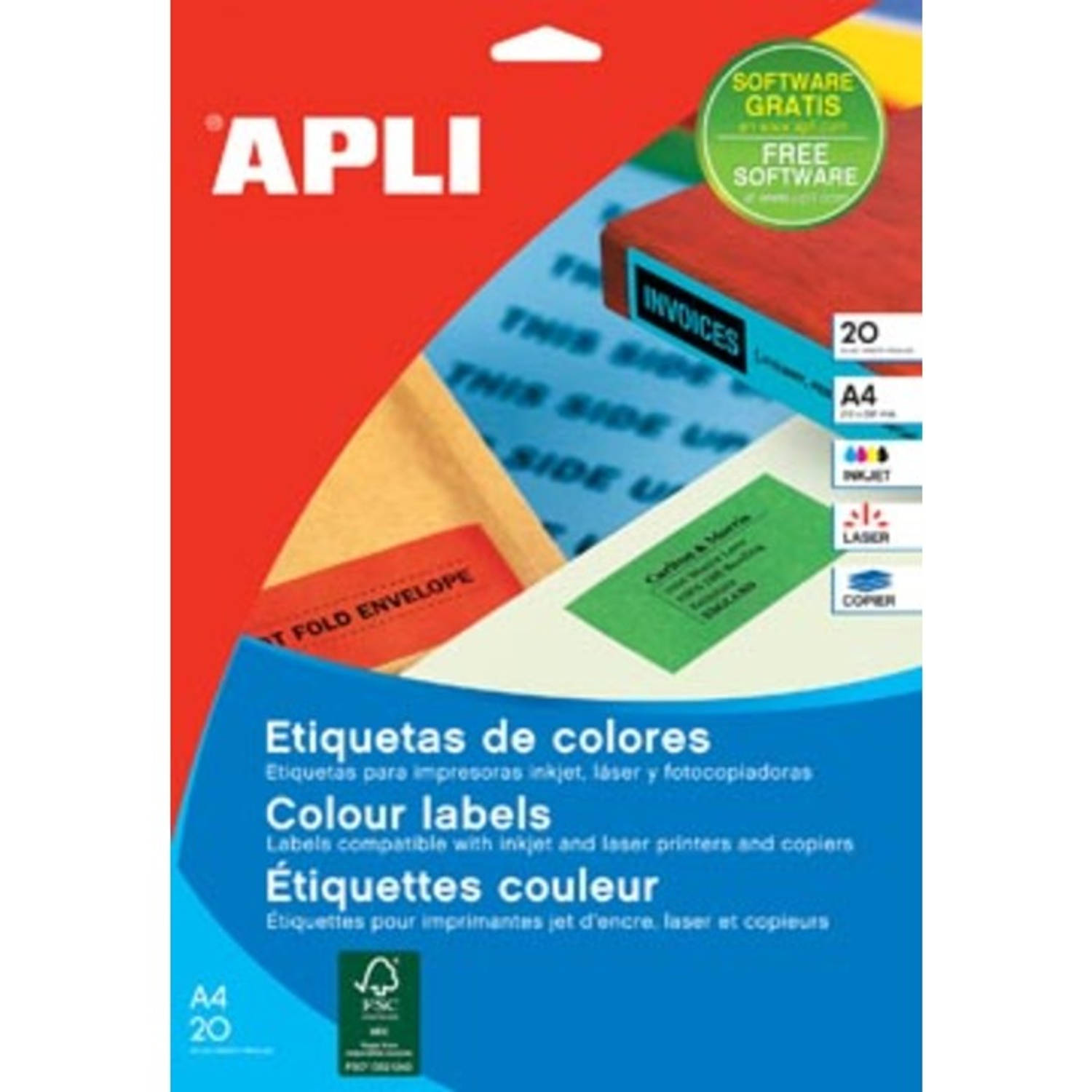 Apli Gekleurde Etiketten Ft 70 X 37 Mm (B X H),, 480 Stuks, 24 Per Blad (1593) - Rood