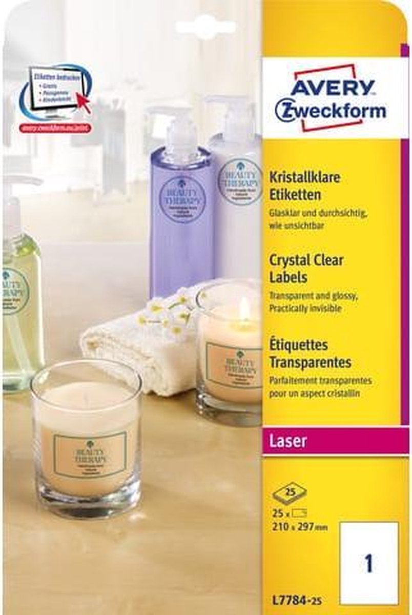 Avery Transparante Crystal Clear Etiketten Ft 21 X 29,7 Cm, 25 Etiketten, 1 Per Blad