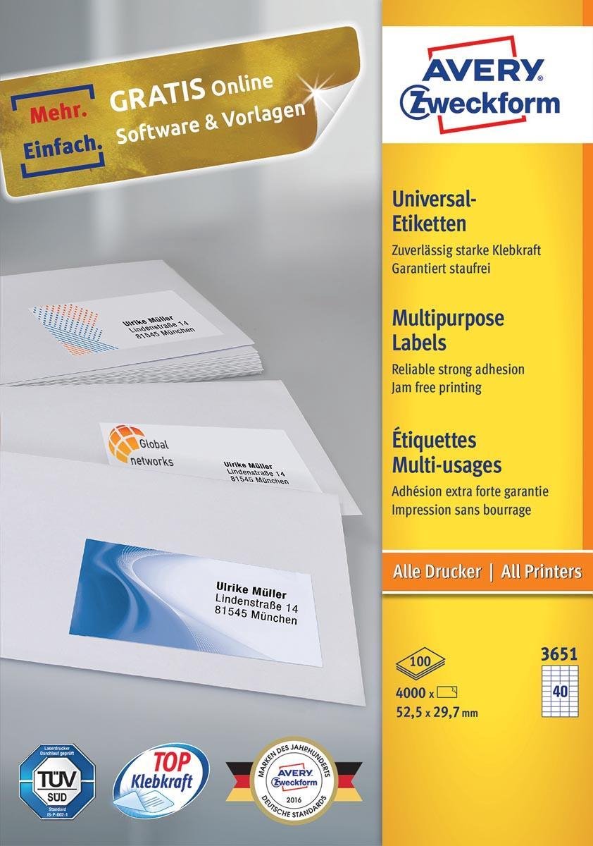 Avery Zweckform 3651 Universele Etiketten 52,5 X 29,7 Mm (B X H),4.000 Etiketten, - Wit