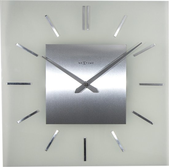 Nextime Wandklok 40 X 40 Cm, Melkglas, 'Stripe Square' Radio Controlled - Wit