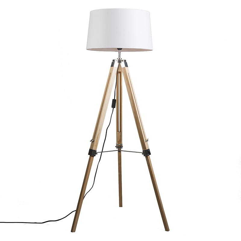 QAZQA Vloerlamp naturel met witte linnen kap 45 cm - Tripod - Bruin