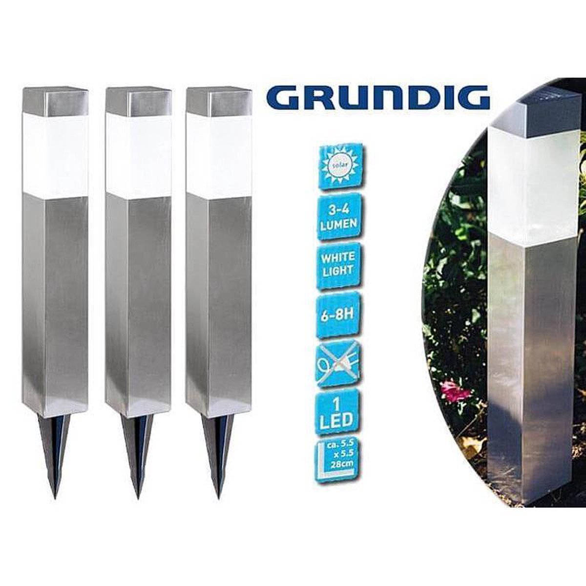 Grundig Edco - Solar Tuinlampen - Set Van 3 - Led - 39 Cm X 55 Cm