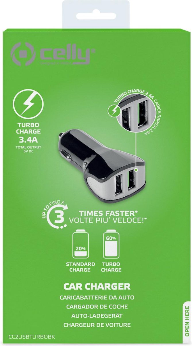 Celly Autolader Dual Usb 12/24v 3.4a - Zwart