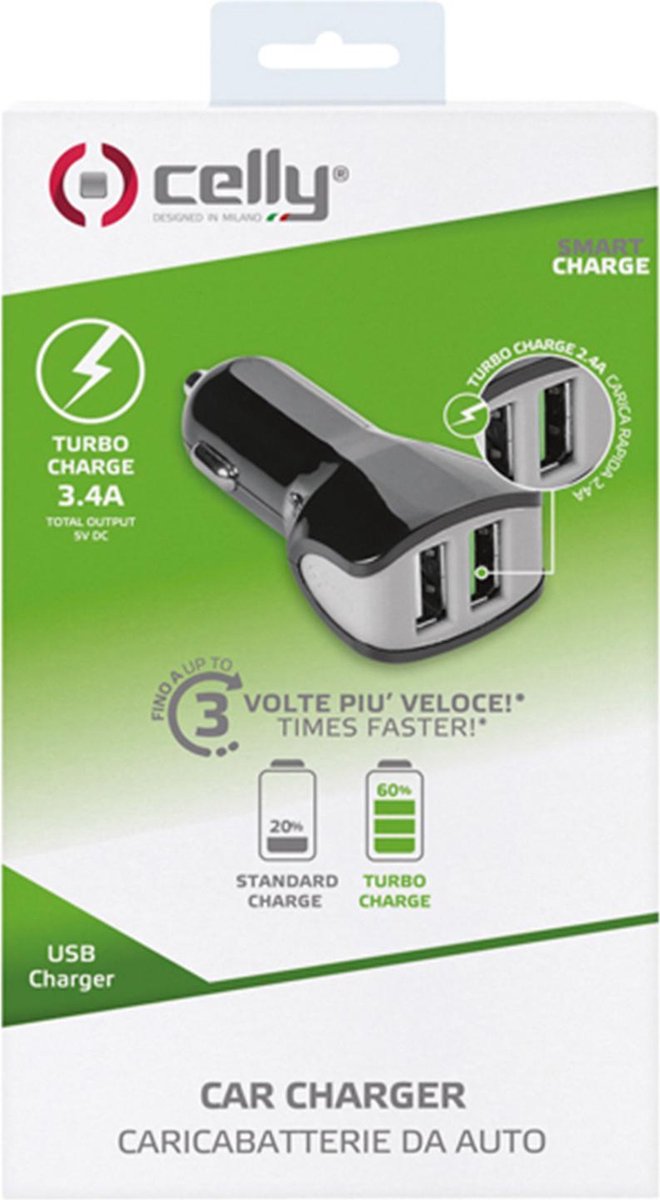 Celly Autolader Dual Usb 12/24v 3.4a - Zwart