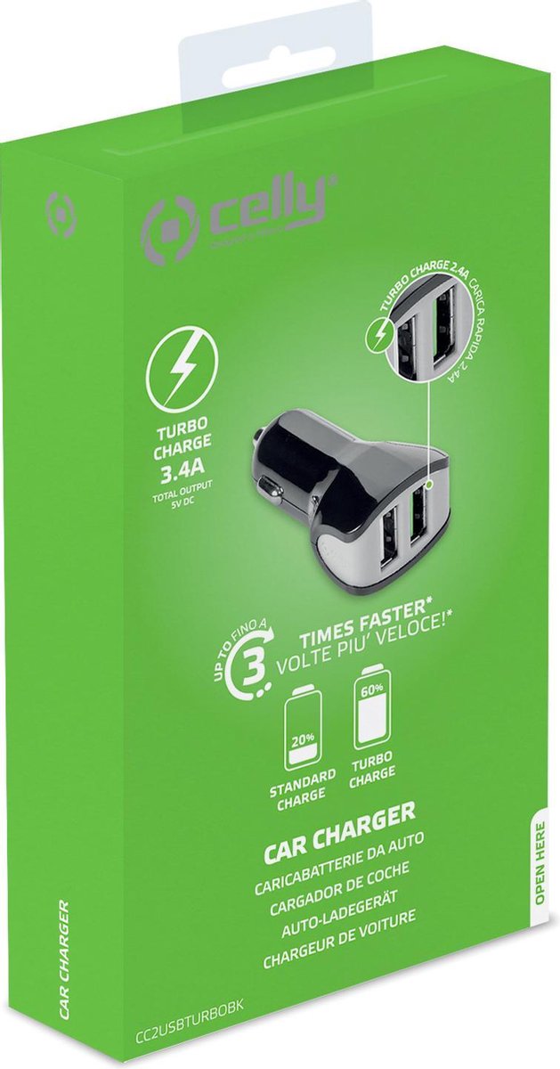 Celly Autolader Dual Usb 12/24v 3.4a - Zwart