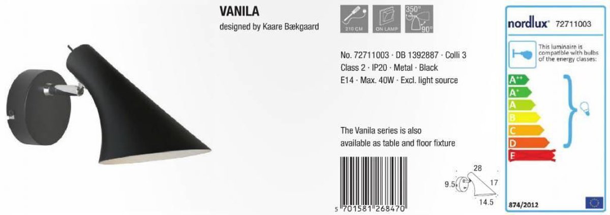 Nordlux Vanila - Wandlamp - - Zwart