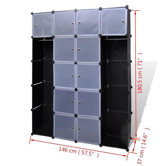 Vidaxl Kast Modulair Met 14 Vakken 37x146x180,5 Cm En Wit - Zwart