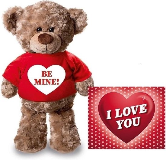 Knuffel Teddybeer 24 Cm Met Rood Shirt Be Mine Hartje - Met Valentijnskaart A5 - Valentijn/ Romantisch Cadeau - Bruin