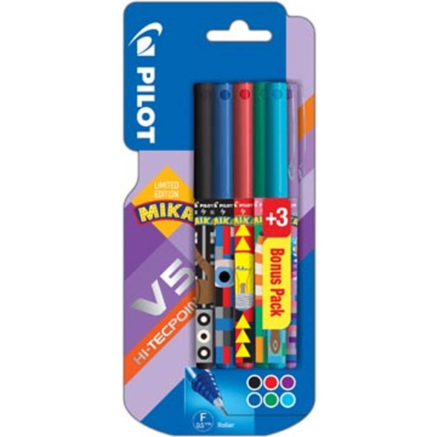 Pilot Roller V-5 Mika, Blister Van 3+3 Stuks Gratis In Geassorteerde Kleuren